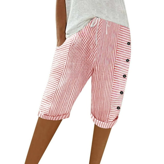 Womens Pants Striped Panel Loose Drawstring Pocket High Waist Five Point Pink Trousers Pants for Women L