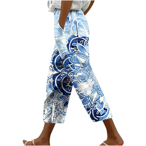 Womens Pants Summer Casual Tie Waist Fashion Print Trousers with Pocket Straight Wide Leg Daily Loose Workout Sweatpants, Multicolor, XL