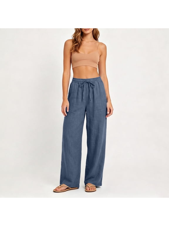 Womens Pants Summer Women Casual Solid Cotton Linen Drawstring Elastic Waist Long Wide Leg Pants of the Day