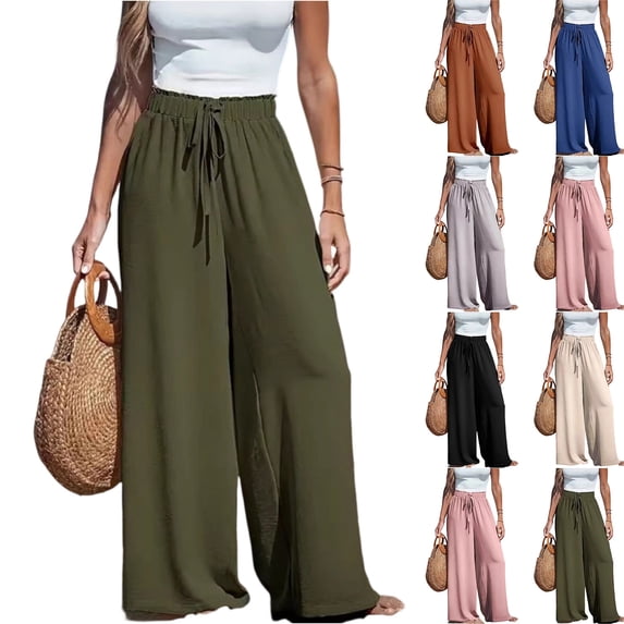 Womens Pants Summer Flowy Wide Leg Pants High Waisted Drawstring Palazzo Pant Lightweight Travel Beach Pant Trendy Spring & Summer Comfortable & Ventilate Going Out Pants for Women Yellow L