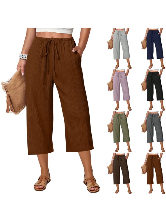 Womens Pants Summer Gauze Texture Wide Leg Capris Elastic Waist Drawstring Loose Fit Casual Lounge Wear Trousers,XL,#03 Coffee