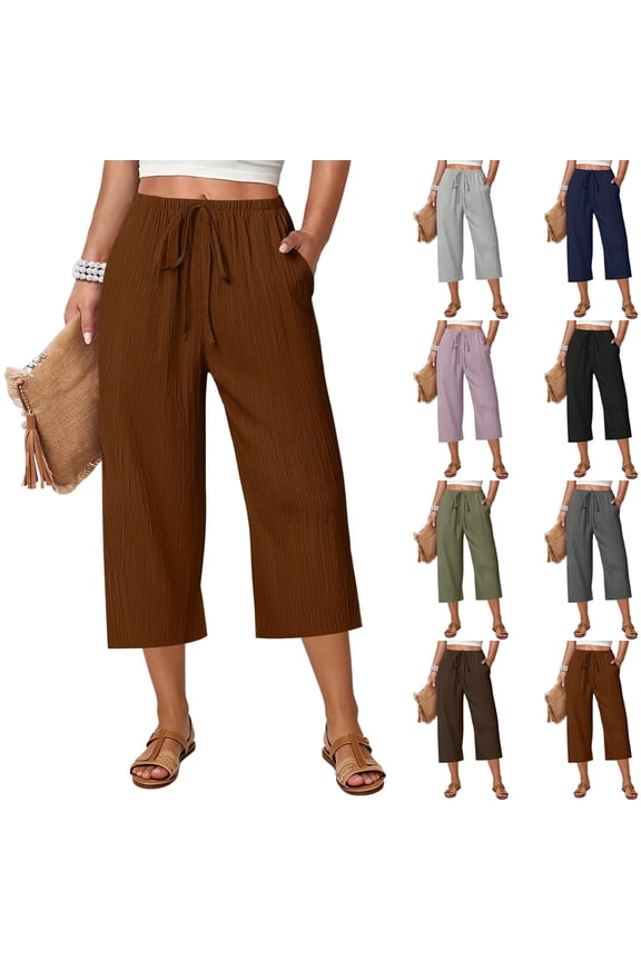 Womens Pants Summer Gauze Texture Wide Leg Capris Elastic Waist Drawstring Loose Fit Casual Lounge Wear Trousers,XL,#03 Coffee