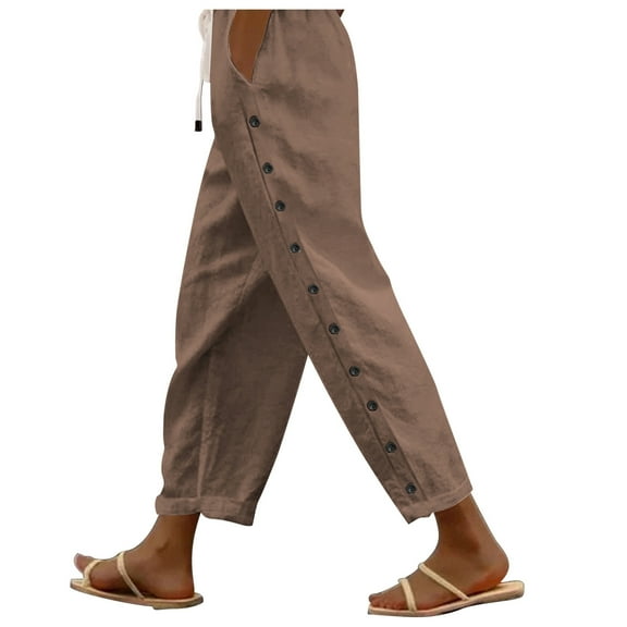 Womens Pants Summer Solid Color Elastic Waist Loose Side Buckle Decoration Linen Ankle Pants with Pockets Linen Pants for Women Coffee L