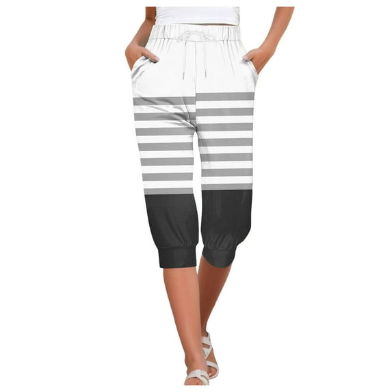 Womens Pants Summer Striped Prints Capris Thin Breathable High Waist Drawstring Joggers High Waisted Pants for Women White XL