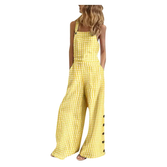 Womens Pants Summer Women Sleeveless Overalls Jumpsuit Casual Plaid Print Summer Wide Leg Bib Pants