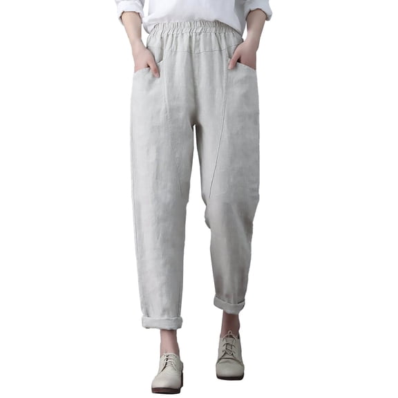 Womens Pants Thin Linen Pants Straight Leg High Waist Drawstring Spring Summer Trousers with Pocket White XXL