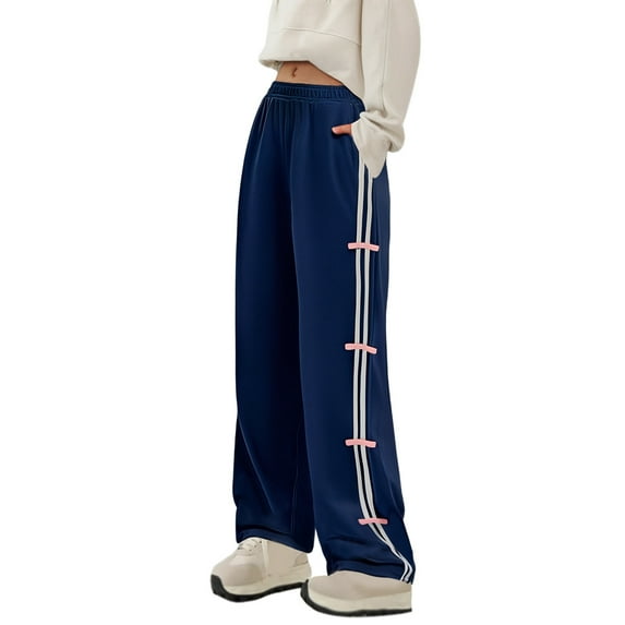 Womens Pants Wide Leg Sweatpants Side Bow Elastic Loose Long Pants with Pockets Blue Trousers Pants for Women L