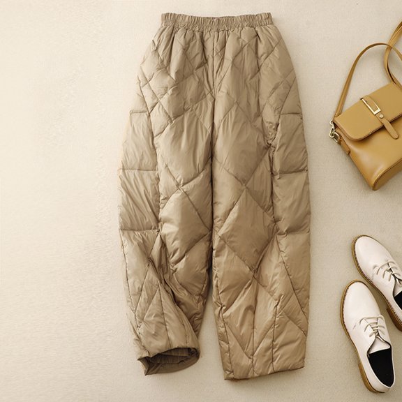 Womens Pants Windproof Warm Winter Warm Down Pants Thicker Padded Quilted Pants Wide Leg Trousers with Pockets,Pants for Women Plus Size Khaki XXL