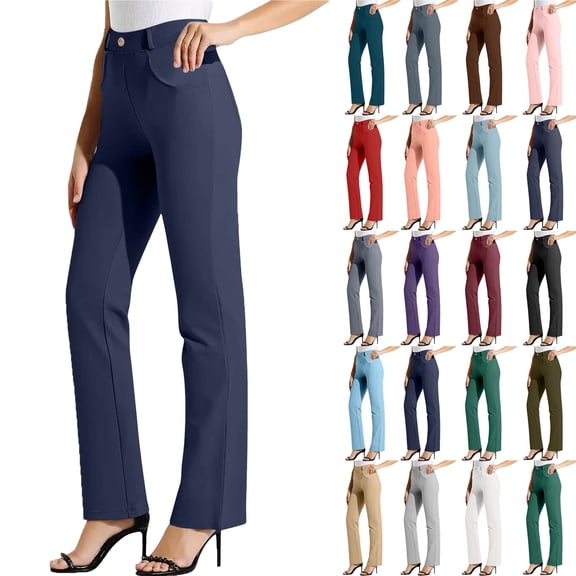 Womens Pants Women Cargo Pants Womens Pants Women's Solid Color Elastic Waist Work Office Straight Leg Casual Pants Navy M