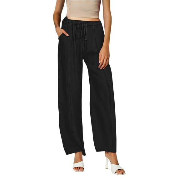Womens Pants Women Casual Solid Color Trouser Pant Cotton Blend Drawstring Elastic Waist Pocket Long Wide Leg Pants