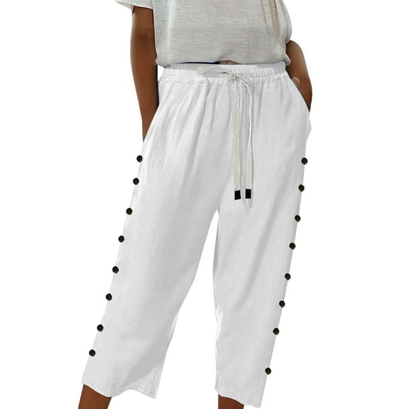 Womens Pants Women's Fashion Solid Color Cotton Linen Elastic Seven Beach Casual Linen Travel pants