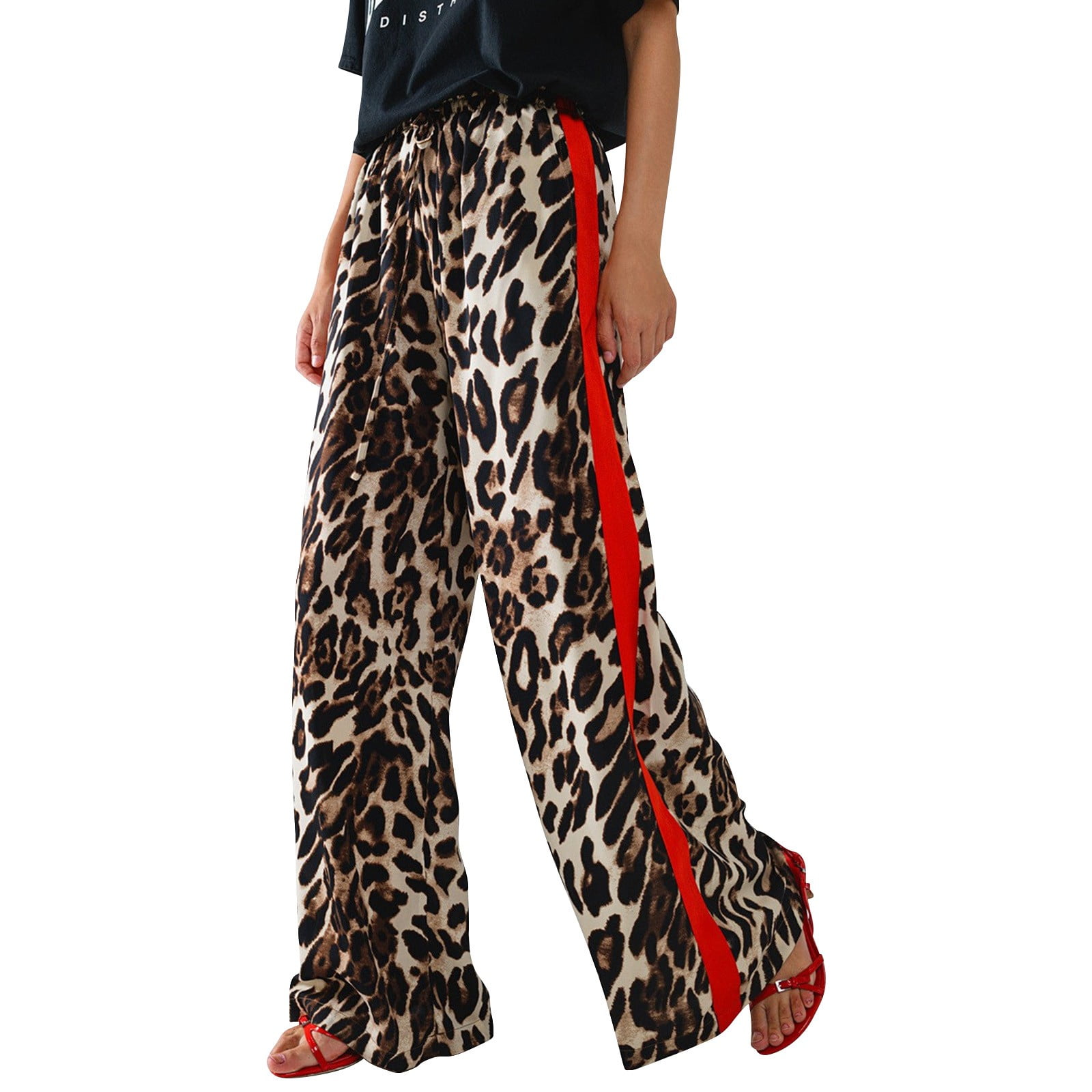 LEOPARD PRINTED WIDE LEG PANTS WITH RED STRIPE DETAIL