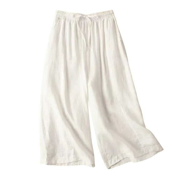 Womens Pants Women's Spring Summer Solid Color Loose Leisure Retro Drawstring Frenulum Broad Leg Pants Capris