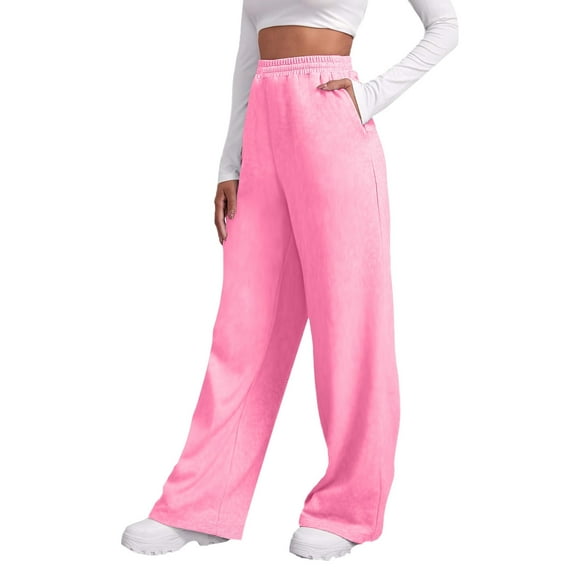 Womens Pants Womens' Fleece Lined Wide Straight Leg Workout High Waist Yoga Sweat Pant With Pockets Womens Slacks Pink M