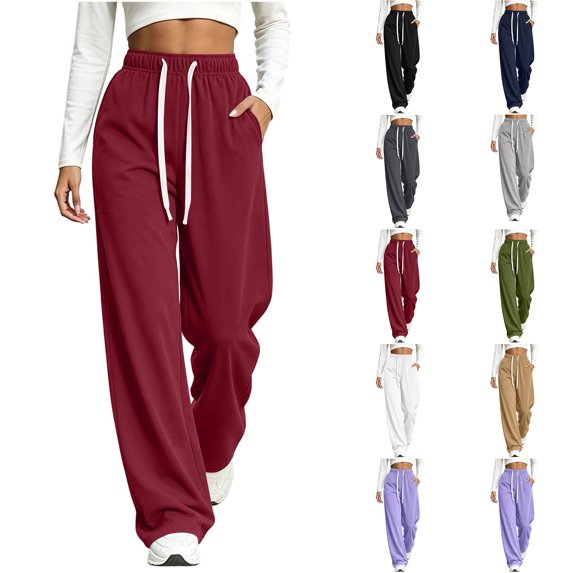 Womens Pants Zaewscy Women Fashion Casual Solid Color Drawstring Elastic Waist Mid-high Waist Loose Pockets Wide-leg Long Pants Trousers Wine M
