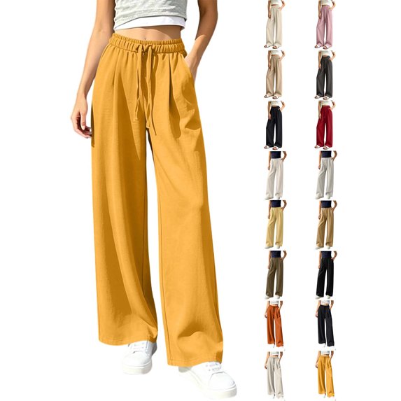 Womens Pants Zaewscy Women's Fashion Solid Color Elastic Waist Pocket Ruched Straight Leg Pants Yellow XXL