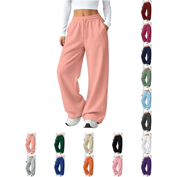 Womens Pants Zeliretfy Women's Casual Solid Color Elastic Waist Wide Leg Tall Long legs Sweatpants Baggy Drawstring Low Rise Lounge Pants Full Joggers with Pockets Pants for Women