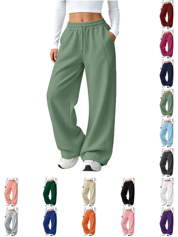 Womens Pants Zeliretfy Women's Casual Solid Color Elastic Waist Wide Leg Tall Long legs Sweatpants Baggy Drawstring Low Rise Lounge Pants Full Joggers with Pockets Pants for Women