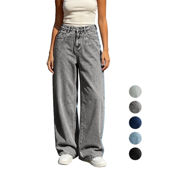 Womens Pants Zeliretfy Women's High Waisted Wide Leg Stretchy Jeans Soft Comfy Denim Pants, Seamed Front, Full Length, Relxed Fit Trendy Jeans with Pockets, Casual Daily Wear
