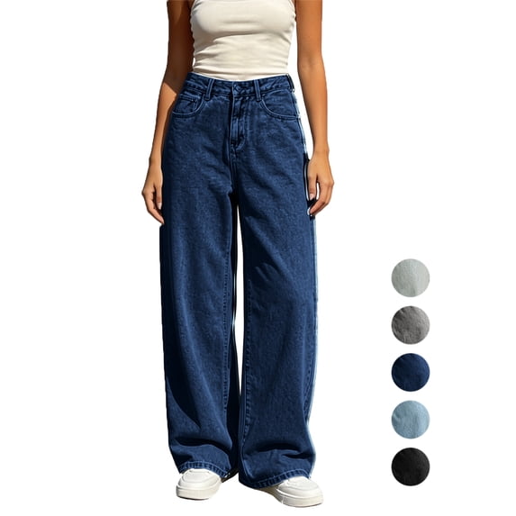 Womens Pants Zeliretfy Women's High Waisted Wide Leg Stretchy Jeans Soft Comfy Denim Pants, Seamed Front, Full Length, Relxed Fit Trendy Jeans with Pockets, Casual Daily Wear