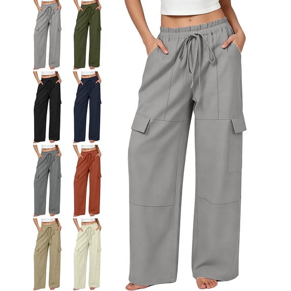 Womens Pants with Multi-Pockets 100% Cotton Loose Drawstring Work Wide Leg Cargo Pants