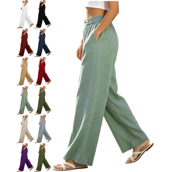 Womens Pants with Pockets 100% Cotton Elastic Waist Loose Casual Pants