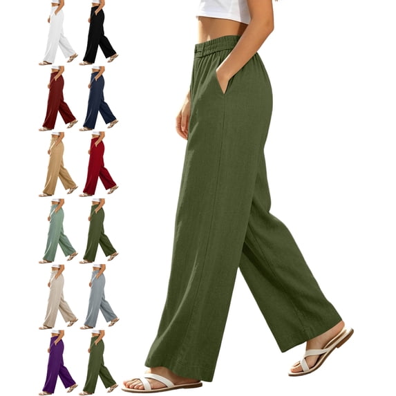 Womens Pants with Pockets 100% Cotton Elastic Waist Loose Casual Pants