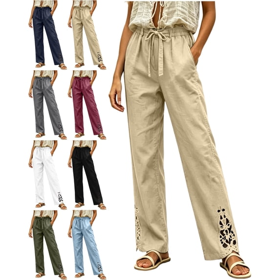 Womens Pants with Pockets 100% Cotton High Waist Loose Casual Pants