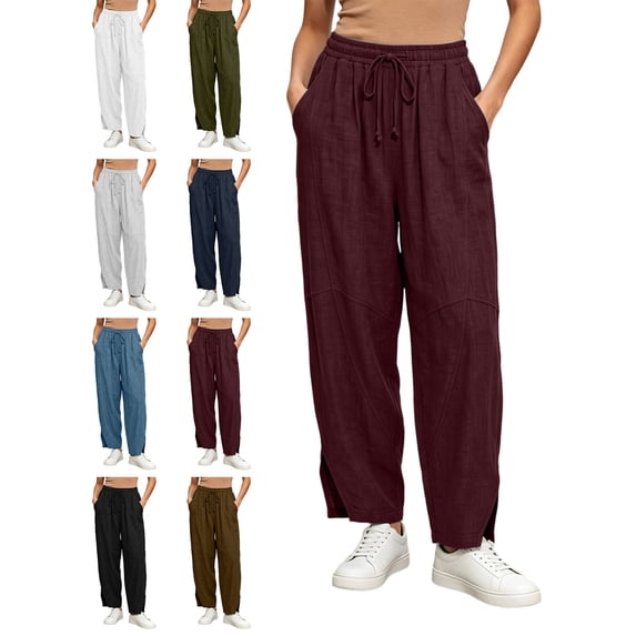 Womens Pants with Pockets 100% Cotton High Waisted Drawstring Slit Pants