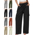 thumbnail image 1 of Womens Pants with Pockets 100% Cotton Loose Drawstring Work Wide Leg Cargo Pants, 1 of 7
