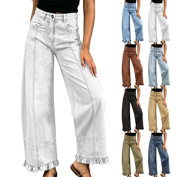 Womens Pants with Side Pockets High Waisted Wide Leg Jeans with Ruffle Hem and Side Seam Detail