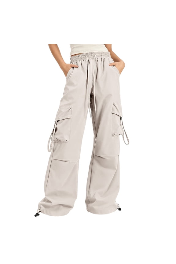 Womens Parachute Cargo Pants Baggy Quick Dry Wide Leg Hiking Pants Pull-on High Waist Hip Hop Pant with Multi Pockets Beige L