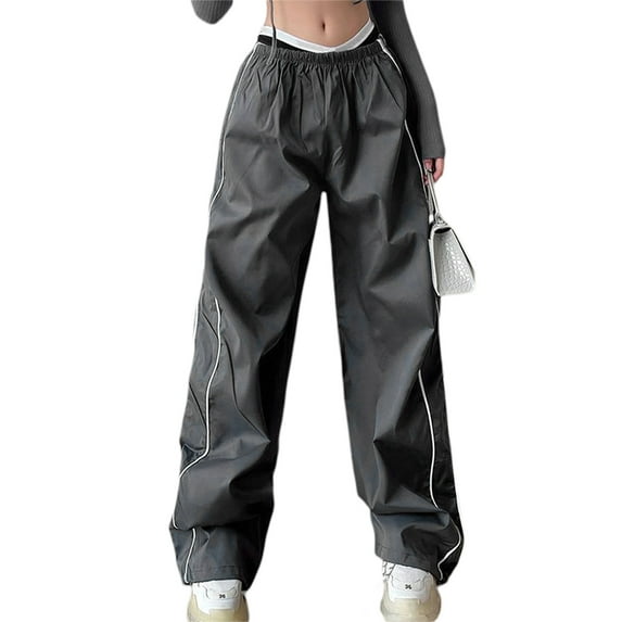 Womens Parachute Pants Cargo Trousers Elastic Waist Wide Leg Track Pants Y2k Clothing