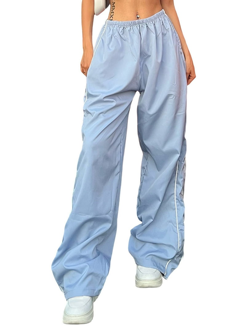 Womens Parachute Pants Cargo Trousers Elastic Waist Wide Leg