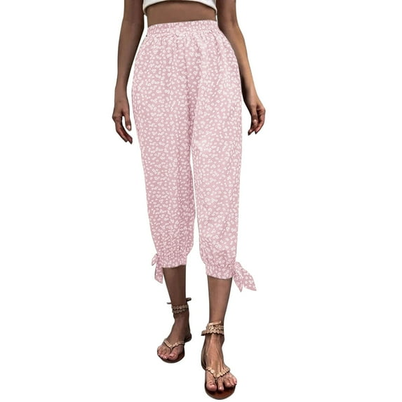 Womens Parachute Pants Drawstring Elastic Flower Prinnted Linen Capri Pants Elastic Waist Summer Cropped Trousers With Pockets Casual Trousers