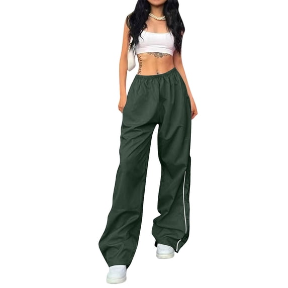 Womens Parachute Pants Wide Leg Baggy Pants Y2K Elastic Waist Jogger Sweatpants Track Pants Streetwear Army Green 2XL