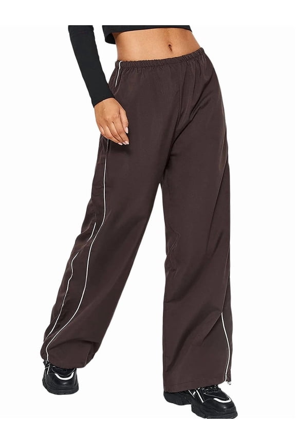 Womens Parachute Pants Wide Leg Baggy Pants Y2K Elastic Waist Jogger Sweatpants Track Pants Streetwear Coffee Color S