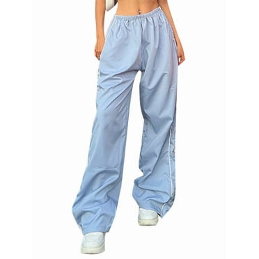 Womens Parachute Pants Wide Leg Baggy Pants Y2K Elastic Waist Jogger Sweatpants Track Pants Streetwear Light Blue XXL
