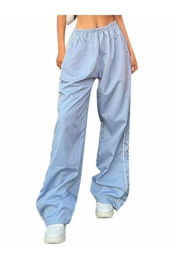 Womens Parachute Pants Wide Leg Baggy Pants Y2K Elastic Waist Jogger Sweatpants Track Pants Streetwear Light Blue XXL