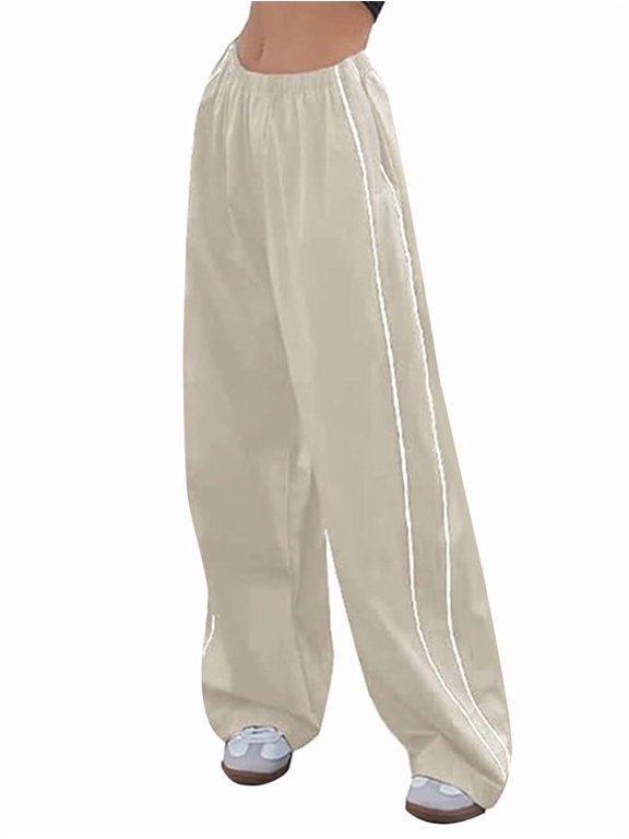 Womens Parachute Pants Wide Leg Baggy Pants Y2K Elastic Waist Jogger Sweatpants Track Pants Streetwear Milky L