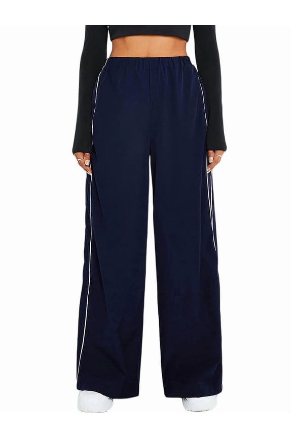 Womens Parachute Pants Wide Leg Baggy Pants Y2K Elastic Waist Jogger Sweatpants Track Pants Streetwear Navy Blue L