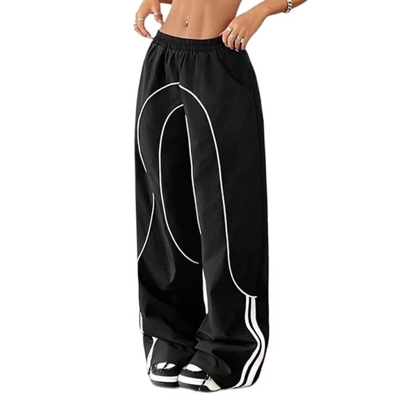 Womens Parachute Pants Y2K Wide Leg Cargo Sweatpants Waist Jogger Pants with Pockets Black XL
