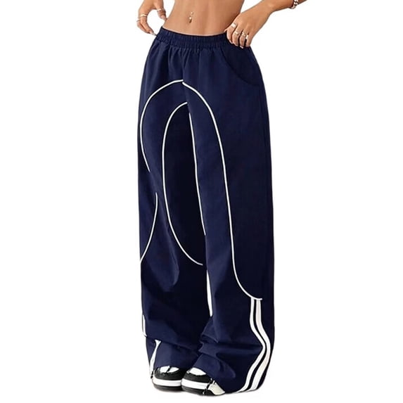 Womens Parachute Pants Y2K Wide Leg Cargo Sweatpants Waist Jogger Pants with Pockets Navy Blue XS