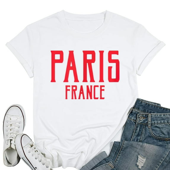 Womens Paris France Text Red Print T-Shirt White X-Large
