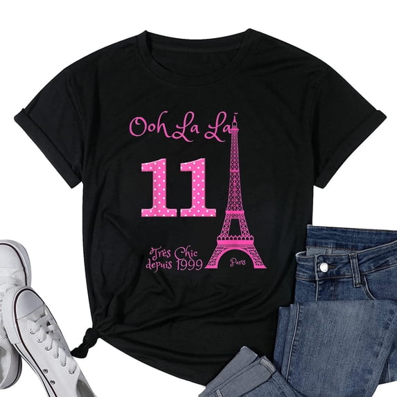 Womens Paris Theme 11th Birthday Shirt for Girls Black Small