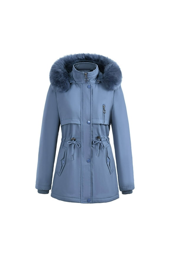 Womens Parka Coats Loose Long Wool Liner Hooded Down Jacket Drawstring Thick Collar Warm Snow Padded Jacket Blue XXL