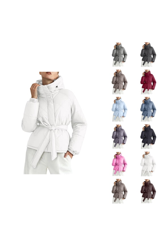 Womens Parka Jacket 2026 Fashion Long Sleeve Thicken Full Zipper Belted Hooded Outerwear with Pockets