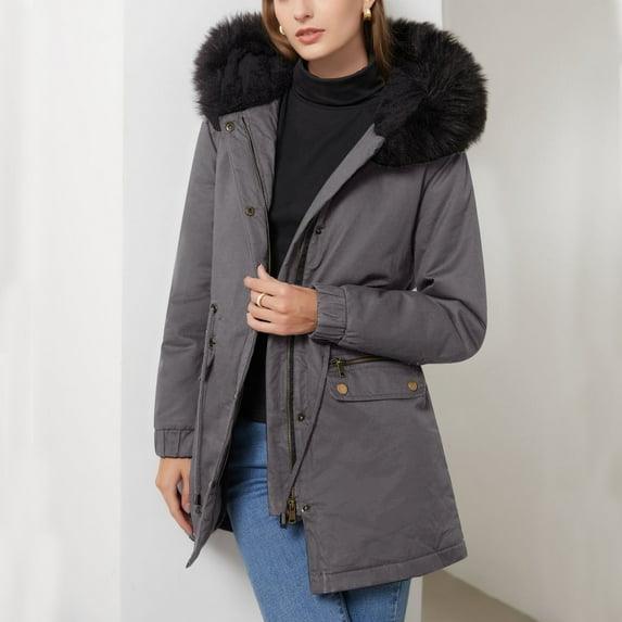 Womens Parkas Hooded Casual Faux Fur Collar Warm Zip up Winter Quilted Coats