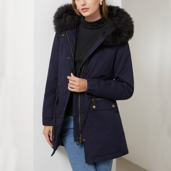 Womens Parkas Hooded Casual Faux Fur Collar Warm Zip up Winter Quilted Coats
