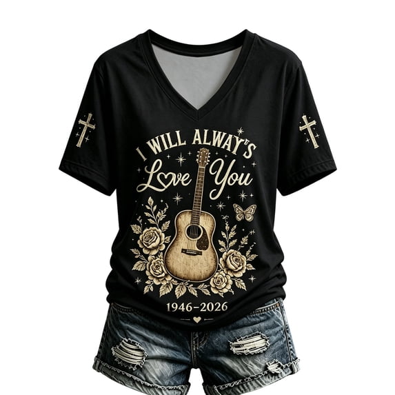 Womens Parton Memorial Tee Graphic Dolly Western T-shirt Short Sleeve V Neck Clothes for Vintage Country Music Tribute,(XXL)
